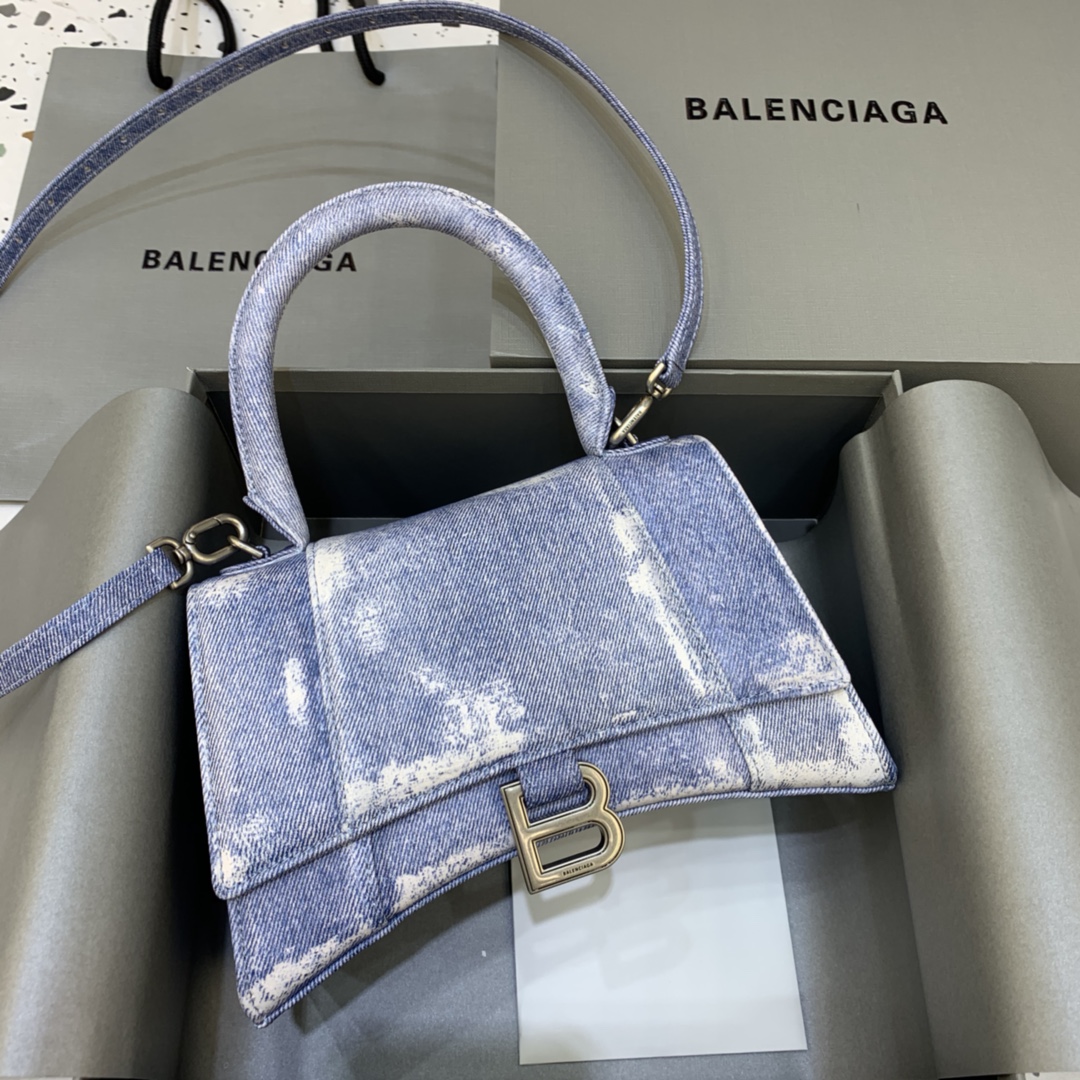 Balenciaga Hourglass Small Handbag Denim Printed Shoulder Bag Blue